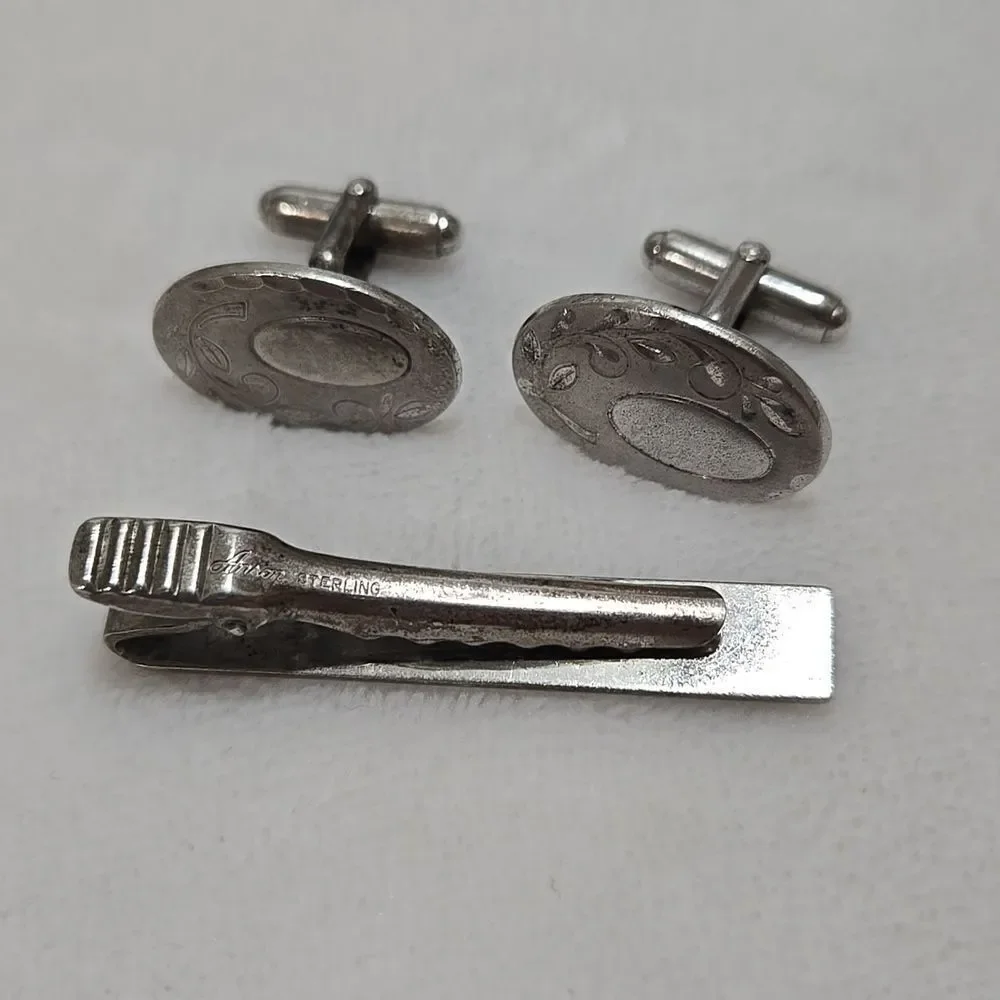 Vintage Sterling Silver Cufflinks and Tie Clip Set, 25.31g